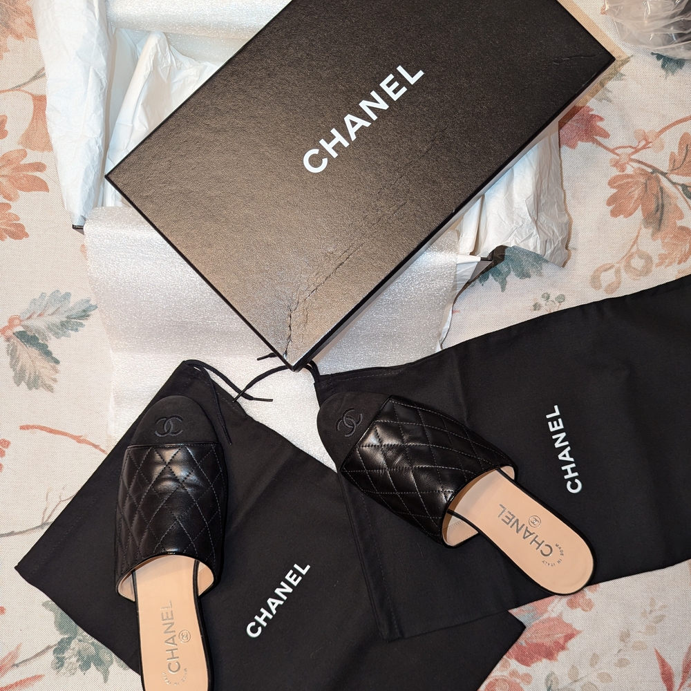Chanel Black Quilted Mules